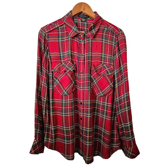 2/$35-Sanctuary Plaid Long Sleeve Snap Button Boyfriend Shirt Pockets - Women M - Picture 1 of 11